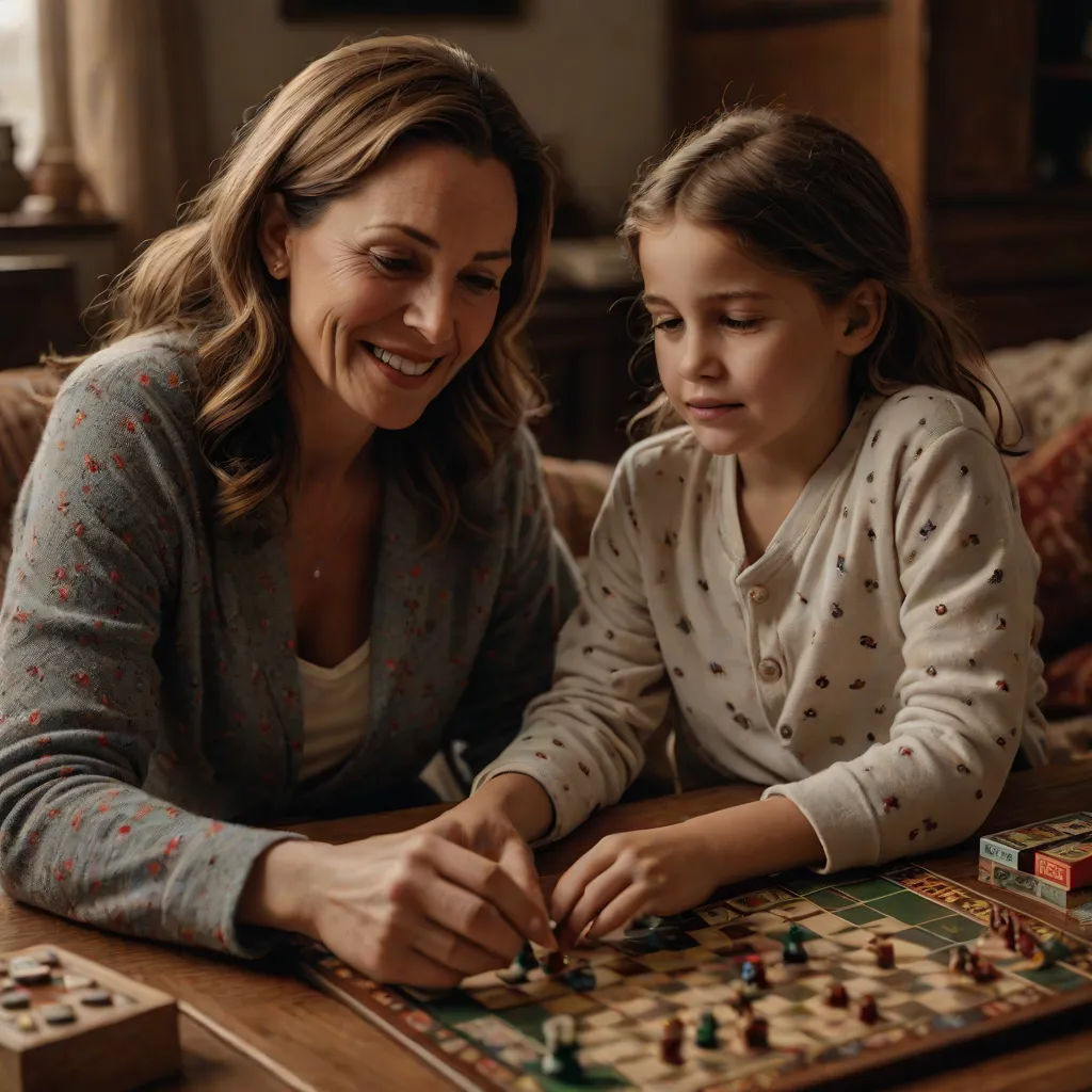 a woman and a girl playing a game of chess on a table in a living room with a couch, Elizabeth Forbes, art & language, a jigsaw puzzle, promotional image