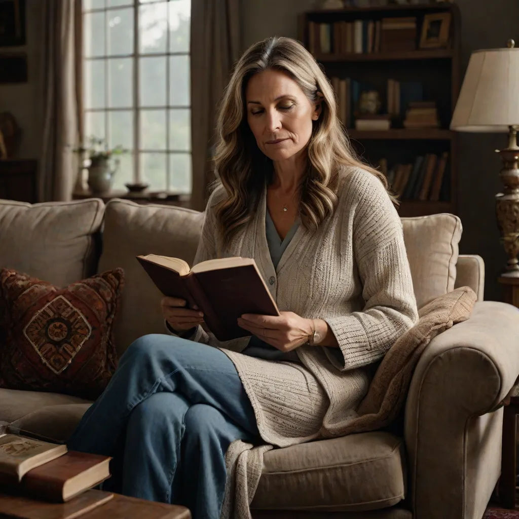 a woman sitting on a couch reading a book in a living room with a lamp on the side of the couch, David Ligare, arts and crafts movement, a storybook illustration, promotional image