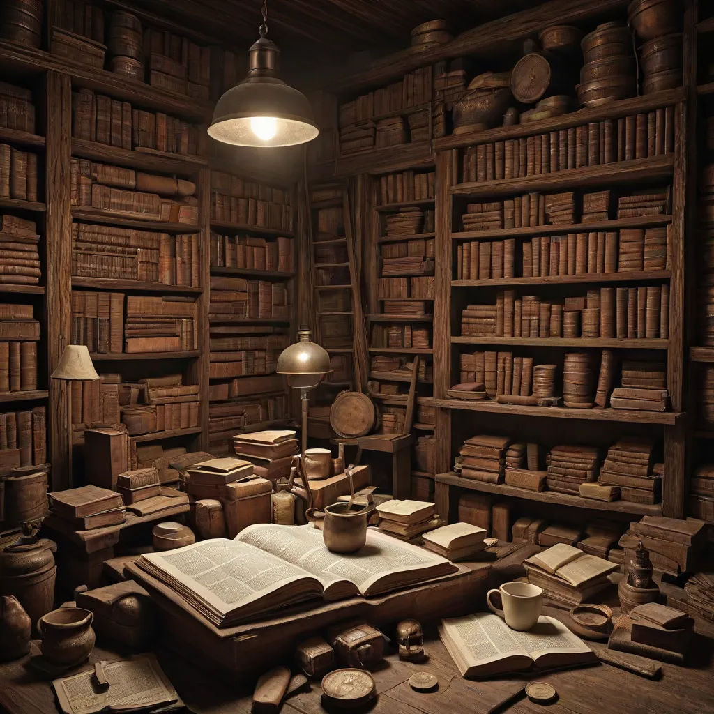 a room filled with lots of books and a lamp on top of a table next to a book shelf, Art & Language, academic art, a storybook illustration, unreal engine render