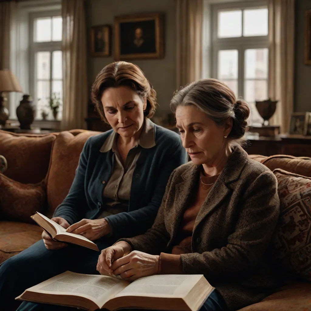 two women sitting on a couch reading a book together, one of them is reading a book and the other is reading a book, Celia Fiennes, arts and crafts movement, a still life, movie still