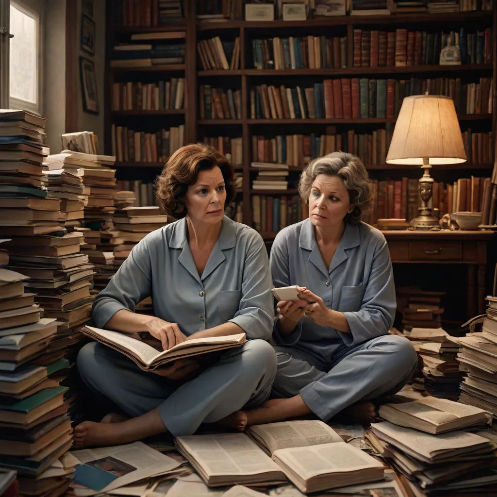 two women sitting on the floor in front of a large stack of books in a library with a lamp on, Annie Leibovitz, feminist art, a colorized photo, promotional image