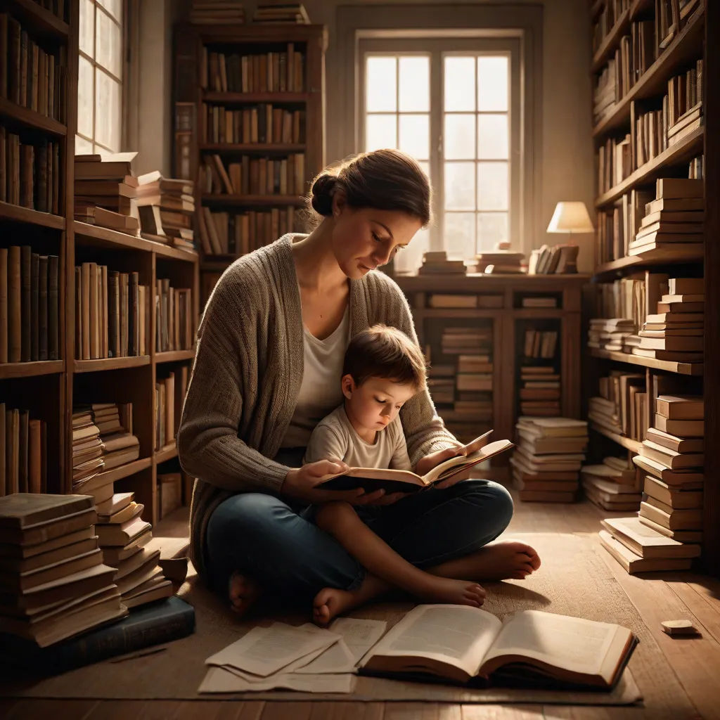 a woman and a child are reading a book in a library together, with books on the floor and a window in the background, Artur Tarnowski, academic art, a storybook illustration, award-winning photograph