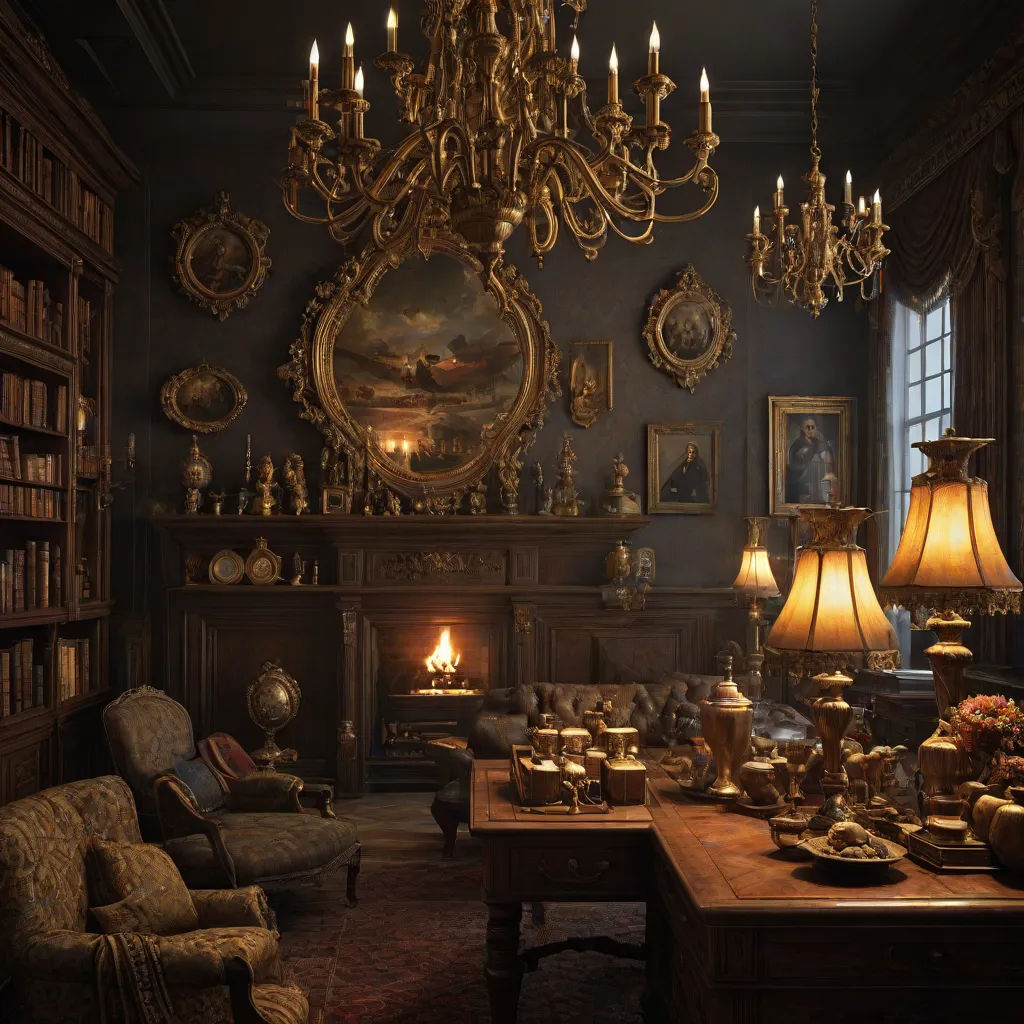 a room with a fireplace, a table, chairs, and a chandelier in it with a painting on the wall, Evgeny Lushpin, classical realism, a detailed matte painting, cgstudio