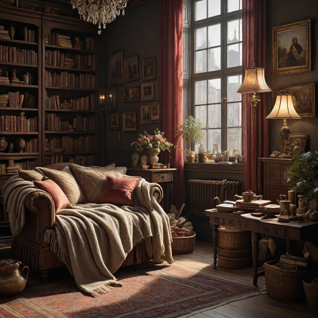 a living room with a couch and a chandelier in it's centerpieces and a large window, Evgeny Lushpin, arts and crafts movement, a photorealistic painting, unreal render