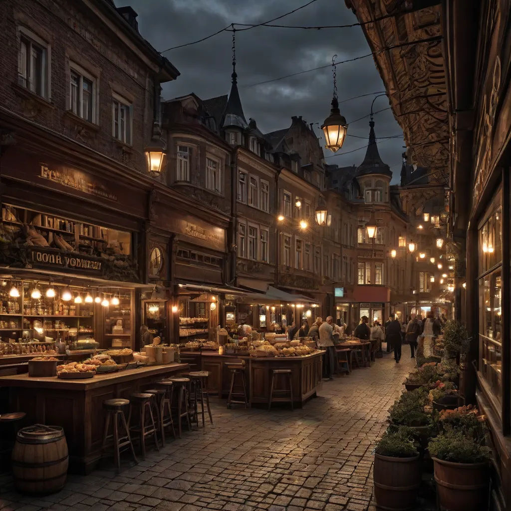 a street with a lot of people walking around it at night time with lights on and a few people walking around, Evgeny Lushpin, german romanticism, a detailed matte painting, atmospheric lighting