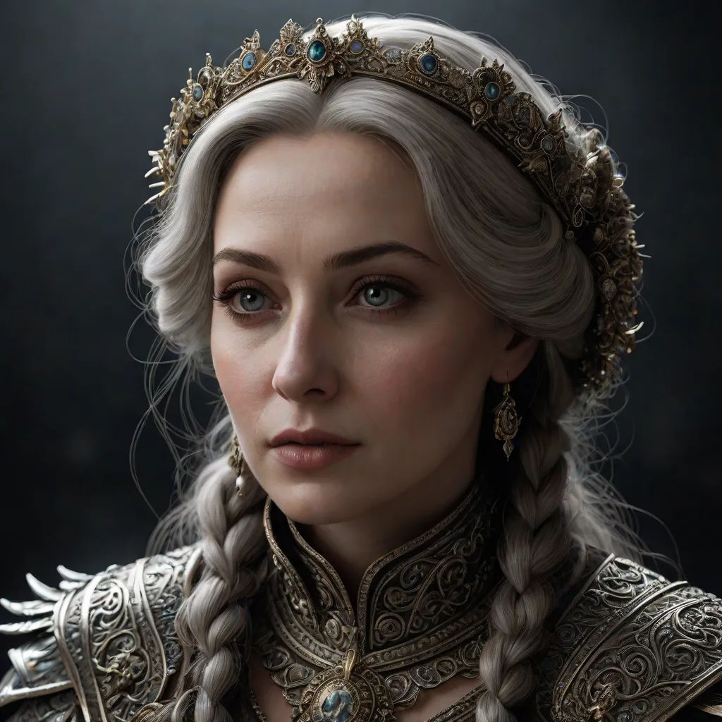 a woman with a braid and a crown on her head wearing a gold dress and a braid with a blue eye, Anka Zhuravleva, photorealism, a photorealistic painting, highly detailed digital painting