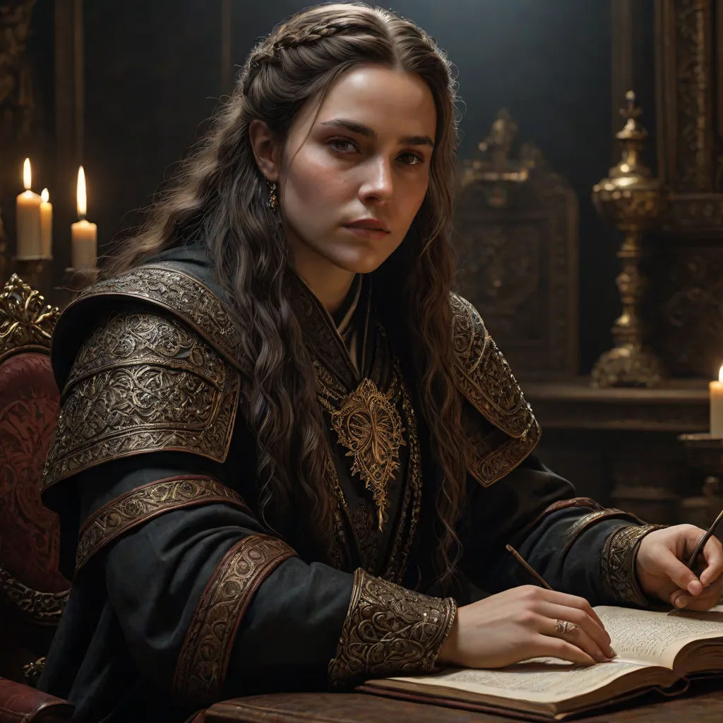 a woman in a medieval costume writing on a book with candles in the background and a candle lit room behind her, Dai Jin, art & language, a character portrait, leesha hannigan