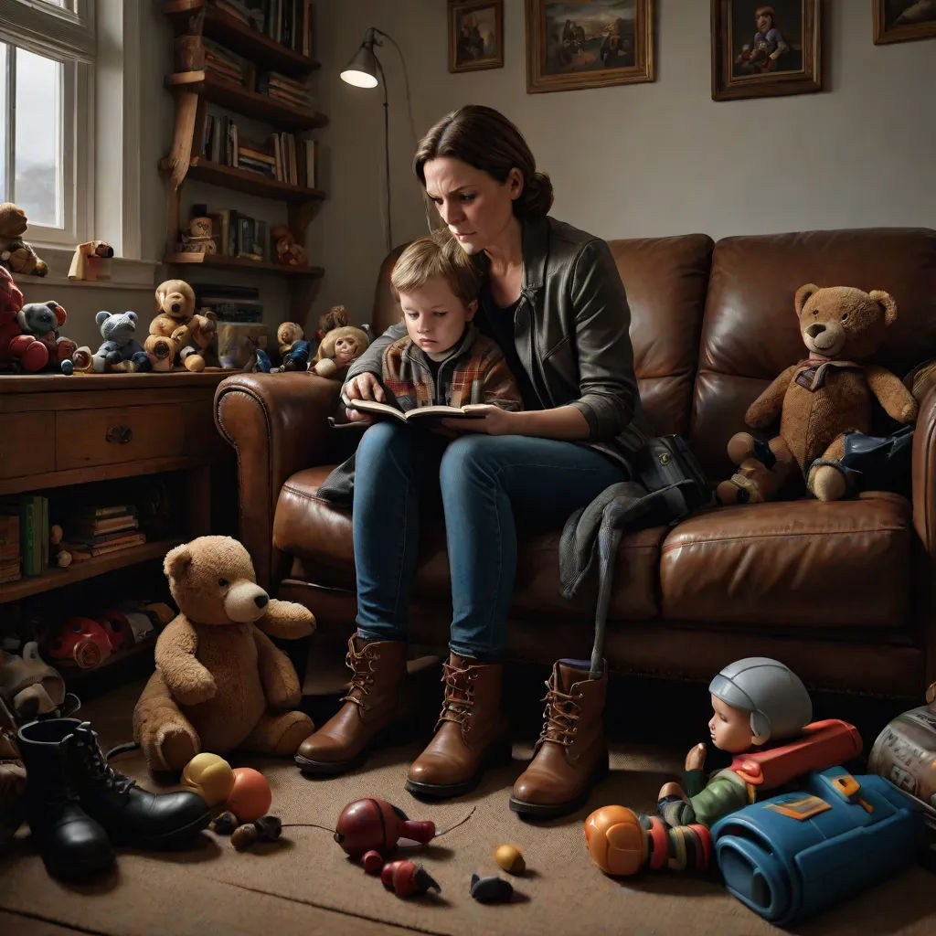 a woman and a child are sitting on a couch with toys and books in front of them and a teddy bear, Alison Watt, photorealism, a photorealistic painting, highly detailed digital painting