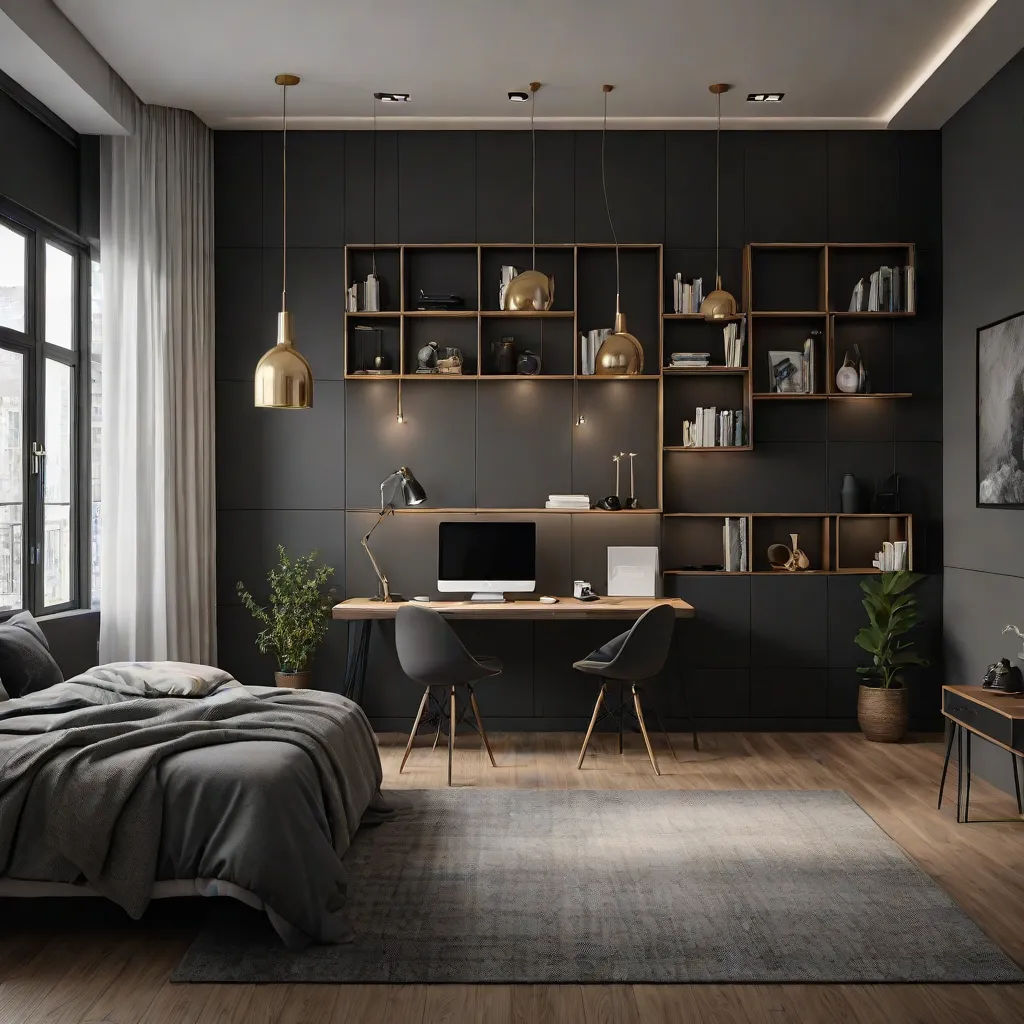 a bedroom with a bed, desk, and shelves with a computer on it and a rug on the floor, Alena Aenami, light and space, a 3D render, 3 d render