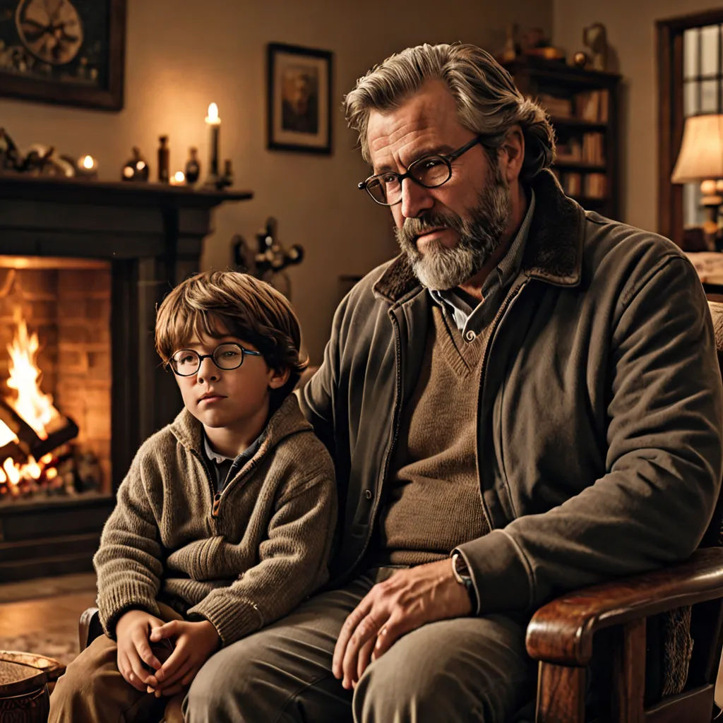 a man and a boy sitting in front of a fire place in a living room with a fireplace and a clock, visual art, a storybook illustration, Diego Gisbert Llorens, promotional image