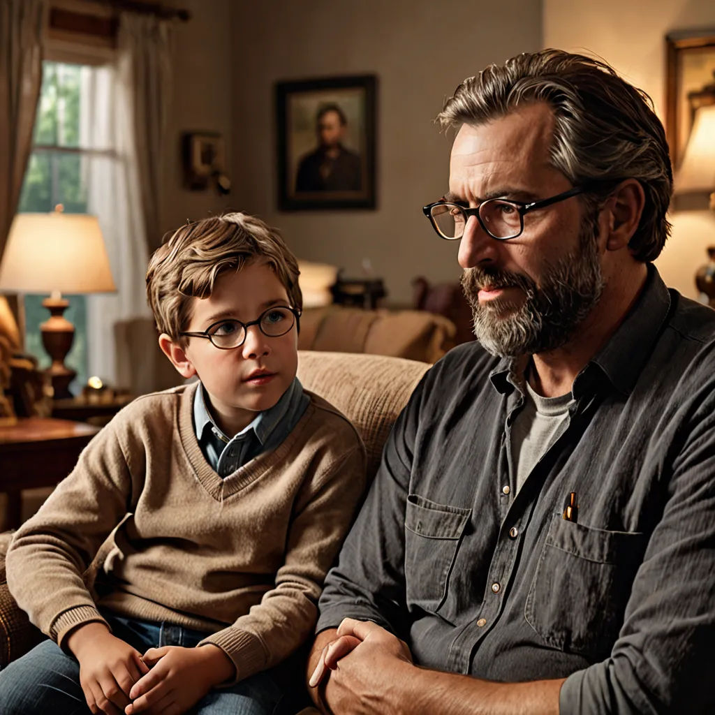a man and a boy sitting on a couch in a living room together, one of them is looking at the camera, arts and crafts movement, a character portrait, Dan Scott, promotional image