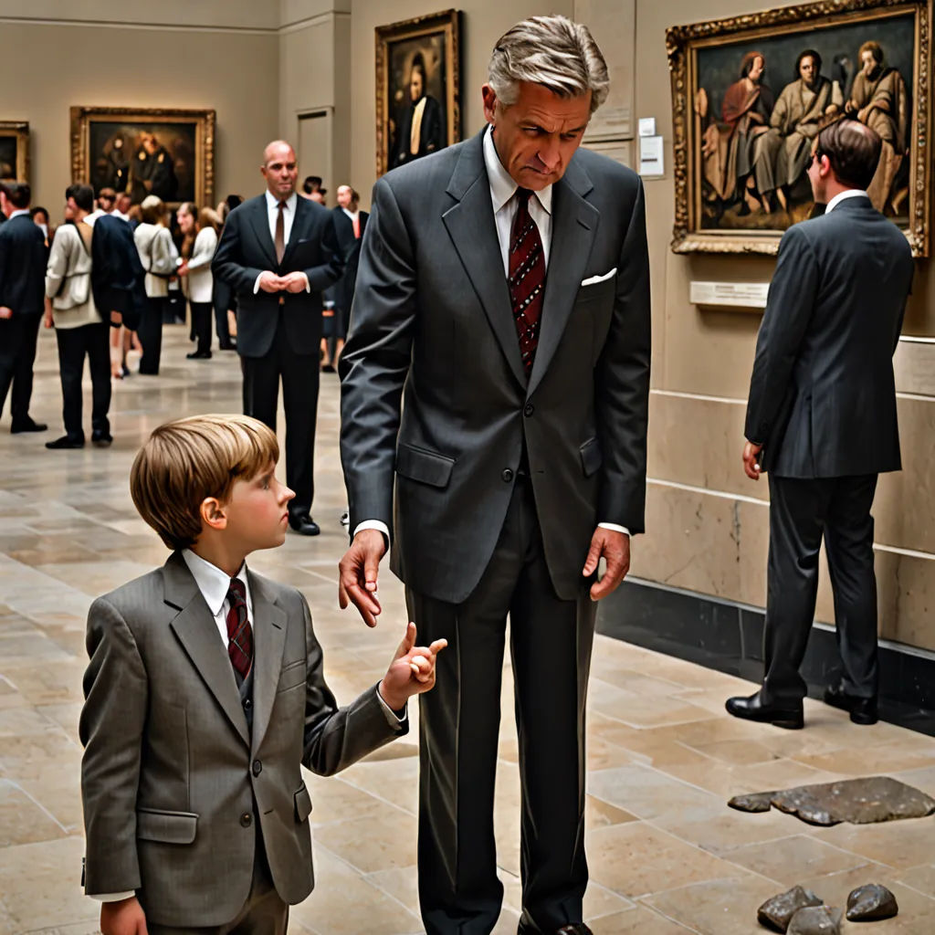 a man in a suit and tie standing next to a little boy in a suit and tie in a museum, naive art, a hyperrealistic painting, F. Scott Hess, award - winning photography