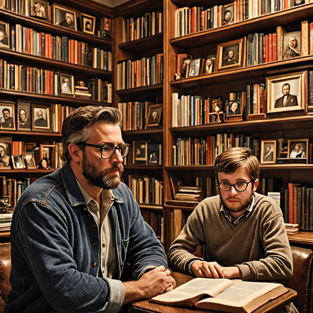 a man sitting at a table with a book in front of him and another man standing behind him in front of a bookcase, arts and crafts movement, a storybook illustration, Chip Zdarsky, graphic novel