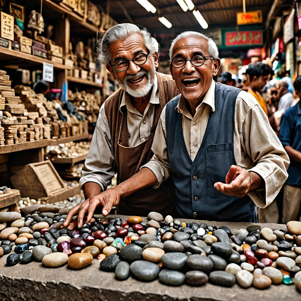 two men standing in front of a display of rocks and stones in a store with people looking at them, samikshavad, a stock photo, Bikash Bhattacharjee, award-winning photograph