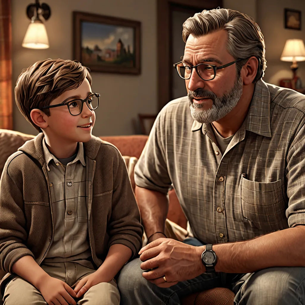 a man and a boy sitting on a couch in a living room together, one of them is looking at the camera, sots art, computer graphics, Clark Voorhees, promotional image