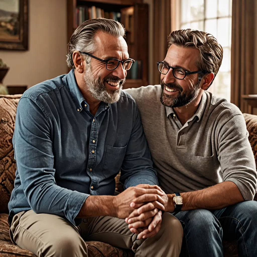 two men sitting on a couch smiling at each other's eyes and hands together, with a living room in the background, incoherents, a stock photo, Christian Hilfgott Brand, portrait photography
