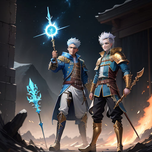 two men in armor standing next to each other in front of a sky background with stars and a star, sots art, concept art, Du Jin, official art