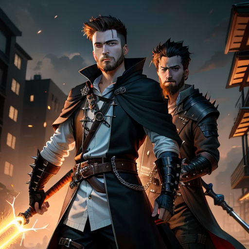 two men in medieval costumes standing next to each other in front of a city at night with a glowing light, fantasy art, concept art, Cedric Seaut (Keos Masons), epic fantasy character art