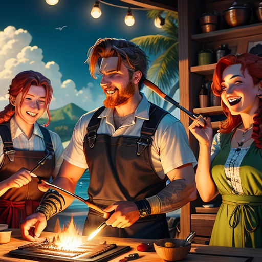 a group of people standing around a grill with a flame in it's mouth and a man holding a spatula, sots art, computer graphics, Ada Gladys Killins, official art