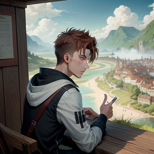 a man sitting on a bench looking at his cell phone in front of a scenic view of a town, altermodern, concept art, Cedric Seaut (Keos Masons), magic the gathering artwork