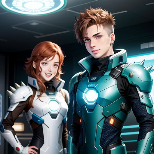 a man and woman in a futuristic suit standing next to each other in a room with a ceiling light, retrofuturism, computer graphics, Artgerm, rossdraws global illumination