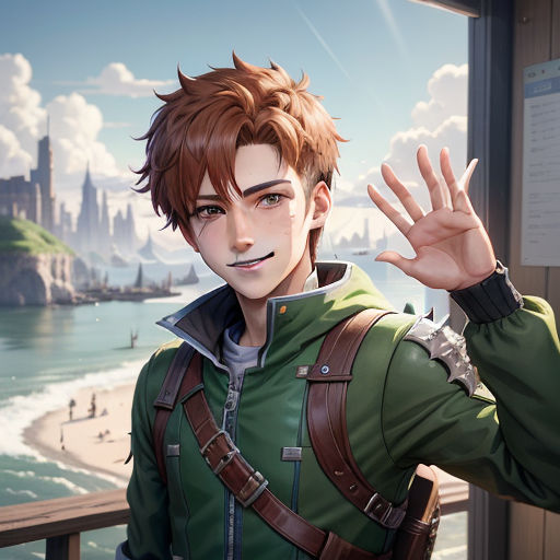 a man in a green jacket standing next to a beach and a body of water with a city in the background, sots art, a character portrait, Chen Hong, official art