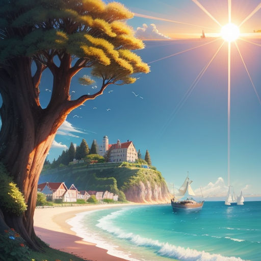 a painting of a beach with a boat and a lighthouse in the distance and a sun shining over the water, fantasy art, a detailed matte painting, Christophe Vacher, sun