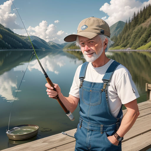 a man holding a fishing rod while standing on a dock near a lake with mountains in the background and a lake in the foreground, photorealism, a stock photo, Andries Stock, ultra realistic digital art