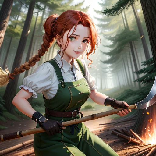 a woman with a long red hair holding a large axe in a forest with a fire in the background, fantasy art, a detailed painting, Clarice Beckett, cushart krenz