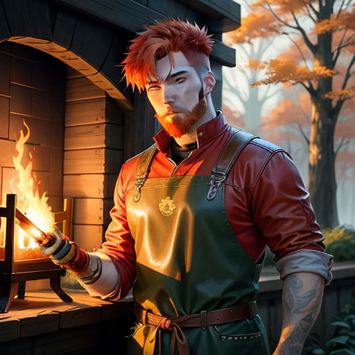 a man holding a lit match in front of a fire place in a house with a forest in the background, fantasy art, concept art, Cedric Seaut (Keos Masons), epic fantasy character art