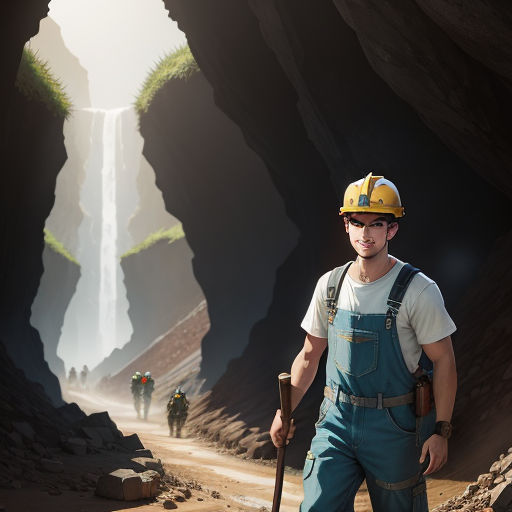 a man in overalls and a hard hat is walking through a cave with a shovel and a waterfall in the background, photorealism, a detailed matte painting, Chris LaBrooy, highly detailed digital painting