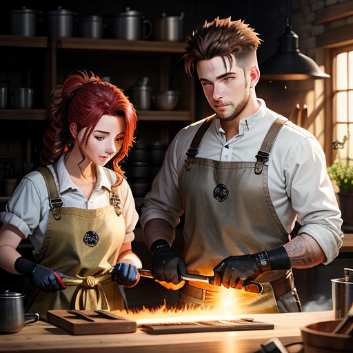 a man and woman are working on a project in a kitchen together, with a flame coming from a pot, fantasy art, a photorealistic painting, Cedric Seaut (Keos Masons), rossdraws global illumination
