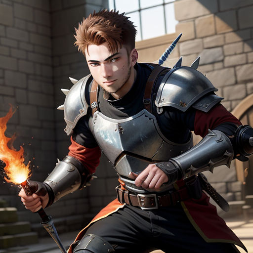 a man in a suit of armor holding a sword and a flame in his hand while standing in front of a building, sots art, concept art, Cedric Seaut (Keos Masons), character art