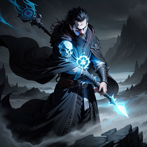 a man holding a sword and a glowing ball in his hand in a dark landscape with mountains and rocks, altermodern, concept art, Art of Brom, magic the gathering artwork