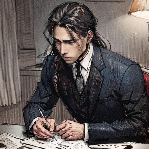 a man in a suit writing on a desk with a lamp on it and a lamp shade on the side