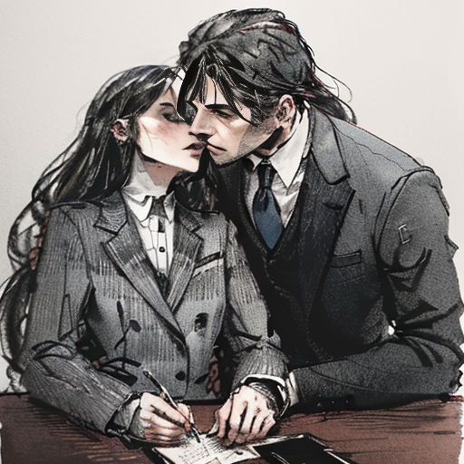 a man and woman sitting at a desk with a book and pen in their hands, kissing each other