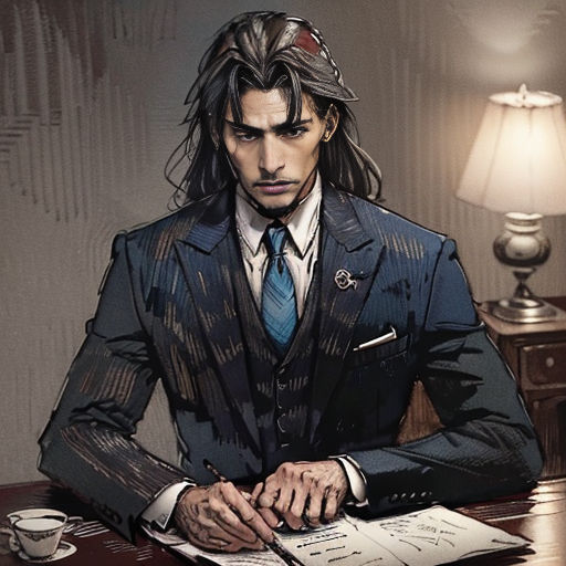 a man in a suit sitting at a desk with a pen and paper in his hand and a cup of coffee