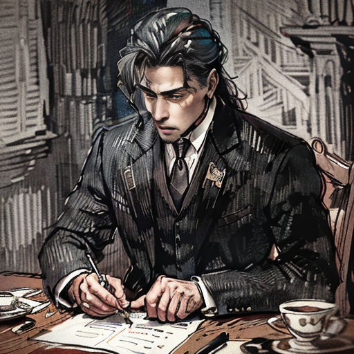 a man in a suit sitting at a table writing on a piece of paper with a pen and a cup of coffee