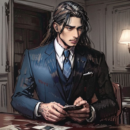 a man in a suit sitting at a table with a cell phone in his hand and papers on the table