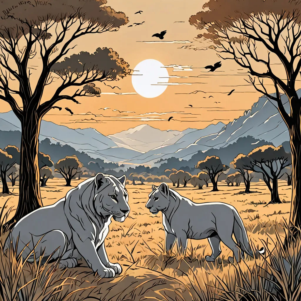 two lions are sitting in the grass near trees and mountains at sunset with a bird flying overhead in the distance, furry art, an album cover, Chris LaBrooy, comic cover art