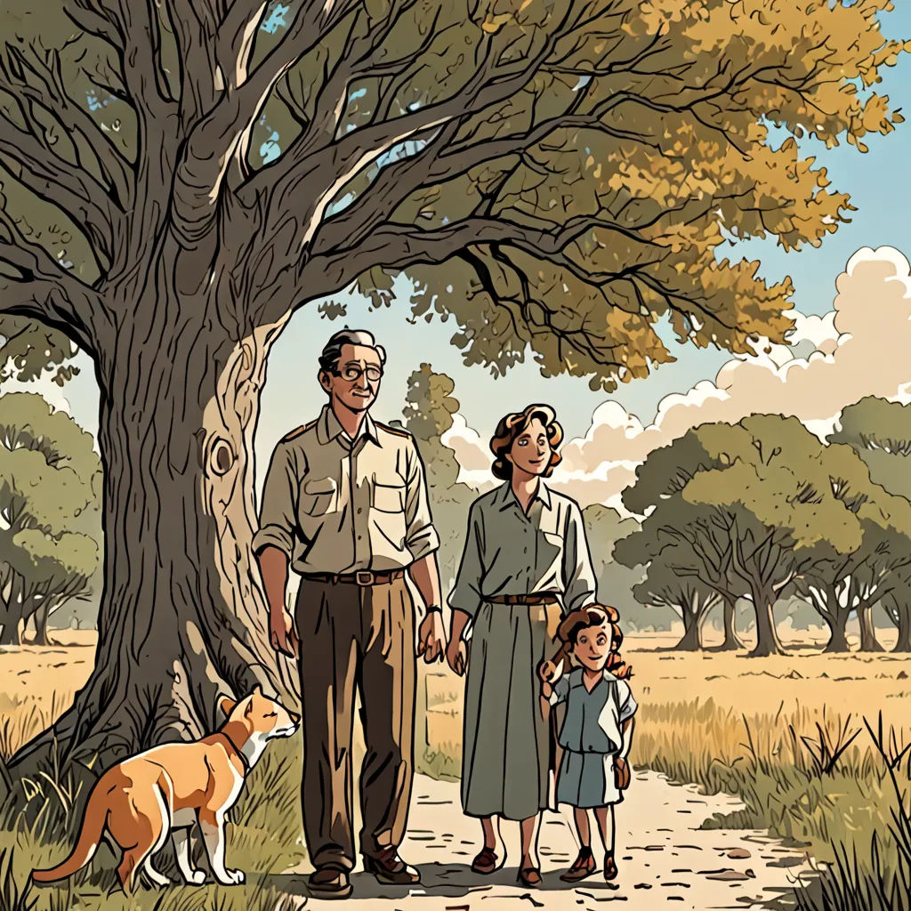 a man and woman and a child standing under a tree with a dog and cat on a path between them, american realism, a comic book panel, Asaf Hanuka, graphic novel