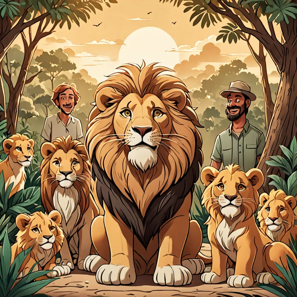 a group of lions sitting in the middle of a forest with a man standing behind them and a woman standing behind them, sots art, a storybook illustration, Chris LaBrooy, comic cover art