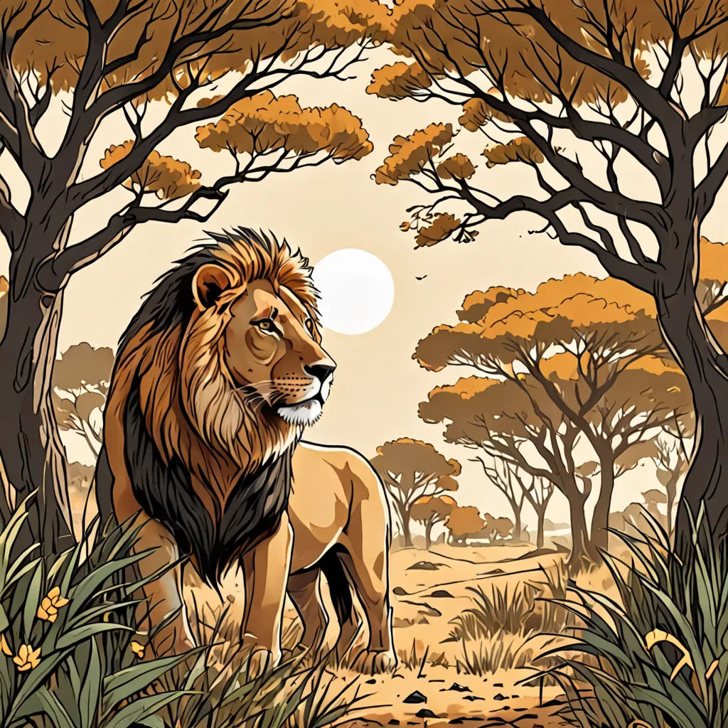 a lion standing in the middle of a forest with trees and bushes around it, with a full moon in the background, fantasy art, a comic book panel, Chris LaBrooy, laurie greasley