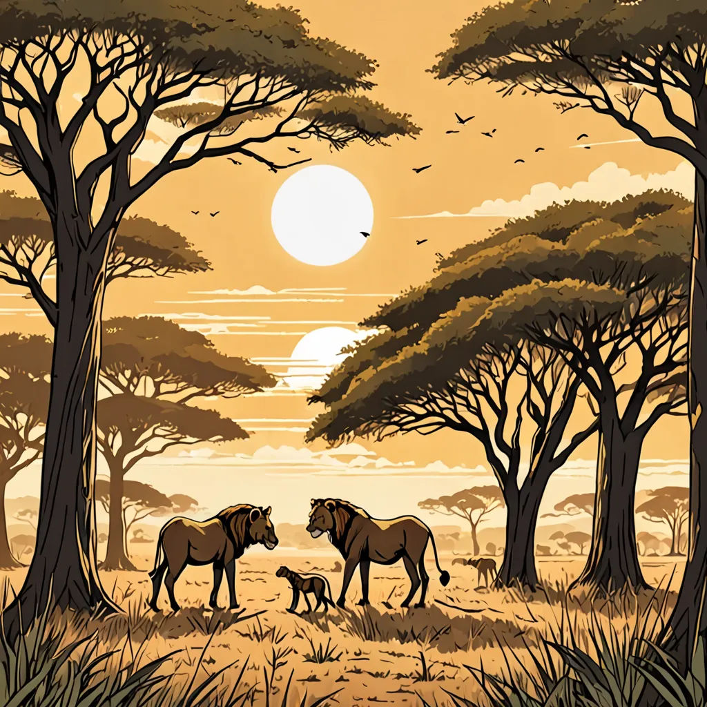 a painting of a lion and two lions in a forest with a sunset in the background and birds flying overhead, primitivism, a comic book panel, Dan Mumford, comic cover art