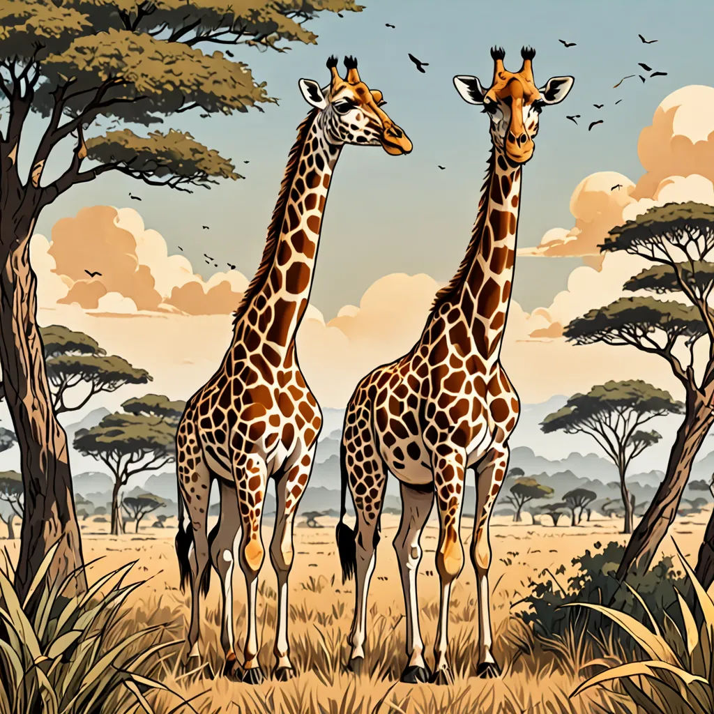 two giraffes standing in a field with trees and birds flying overhead in the background of a painting, fantastic realism, a storybook illustration, Chris LaBrooy, highly detailed digital painting