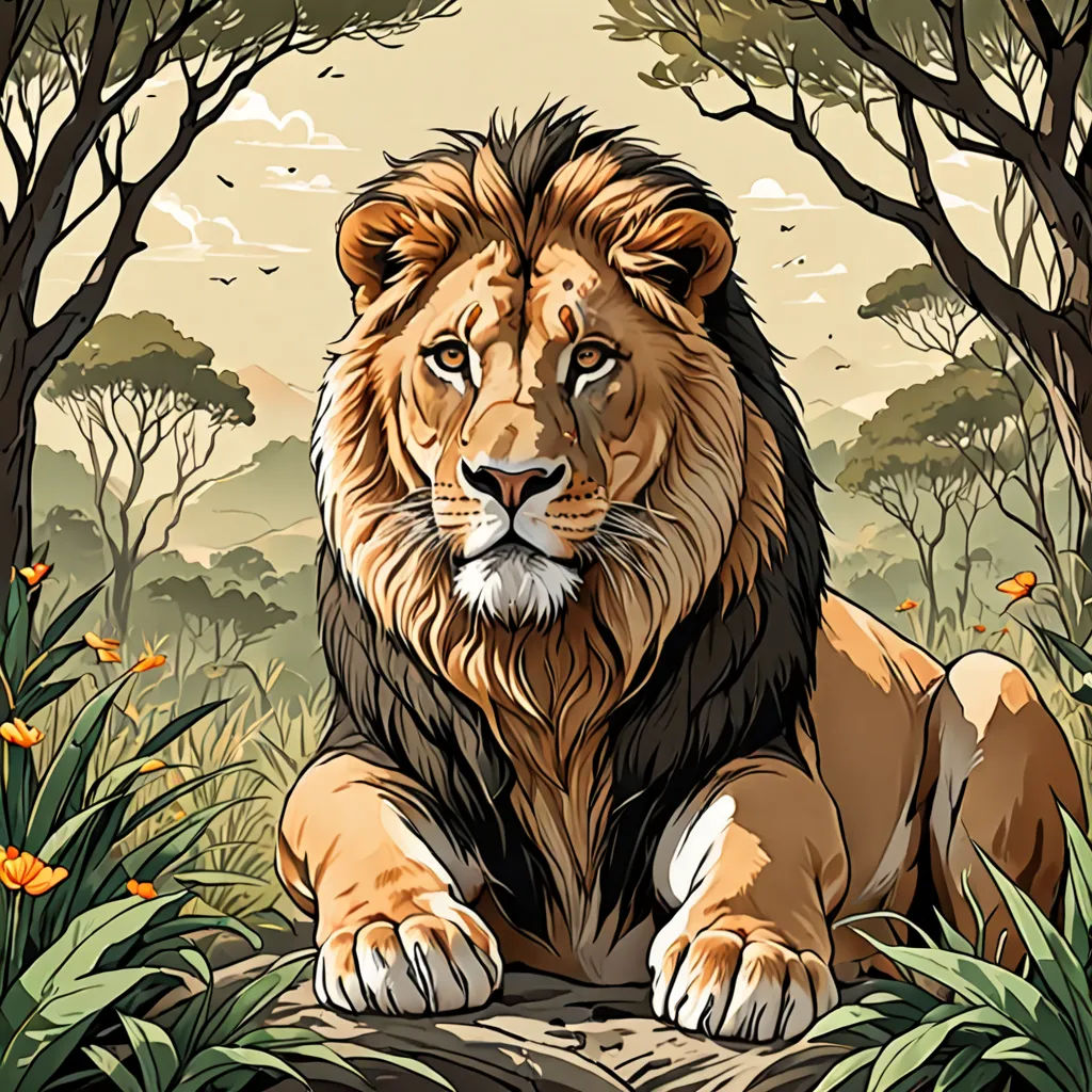a lion sitting in the middle of a forest with trees and flowers around it's edges and a sky background, fantasy art, a character portrait, Chris LaBrooy, highly detailed digital painting