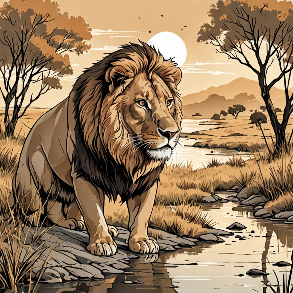 a lion is standing on a rock near a stream of water and trees with a full moon in the background, naturalism, a comic book panel, Dan Mumford, laurie greasley