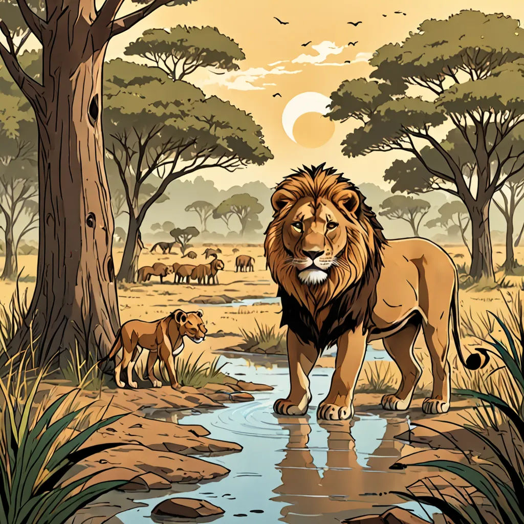 a lion and a lion cub are walking through a river in the wild with a sunset in the background, naturalism, a storybook illustration, Chris LaBrooy, detailed illustration