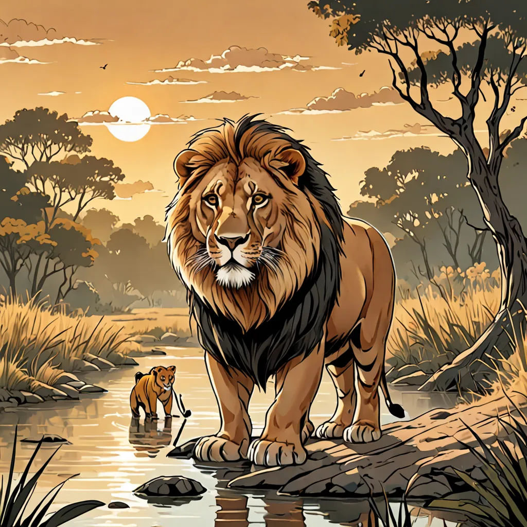 a lion and a cub are standing in the water near a tree and a sunset with clouds in the sky, fantasy art, a comic book panel, Dan Mumford, official art