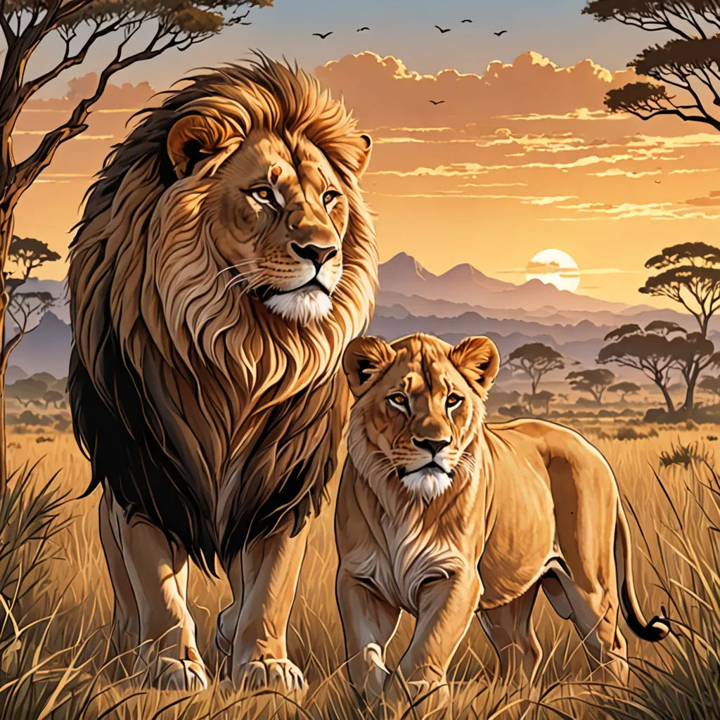 a painting of two lions in a field with trees and birds in the background at sunset or dawn,, fantasy art, an airbrush painting, Brothers Hildebrandt, highly detailed digital painting